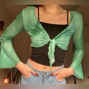 Lettuce Trim Trumpet Sleeve Sheer Top